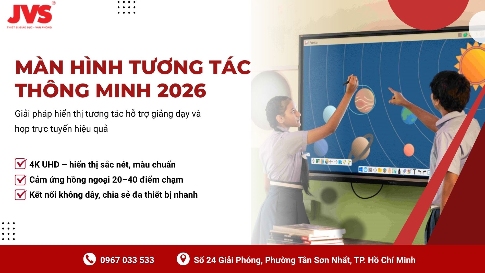 Màn hình tương tác thông minh hỗ trợ cảm ứng đa điểm dùng cho văn phòng và lớp học JVS